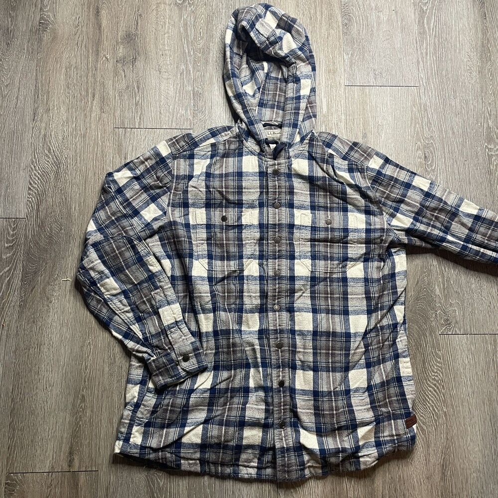 LL Bean Scotch Plaid Flannel Hoodie Men L Tall Shacket Slightly Fitted Jacket